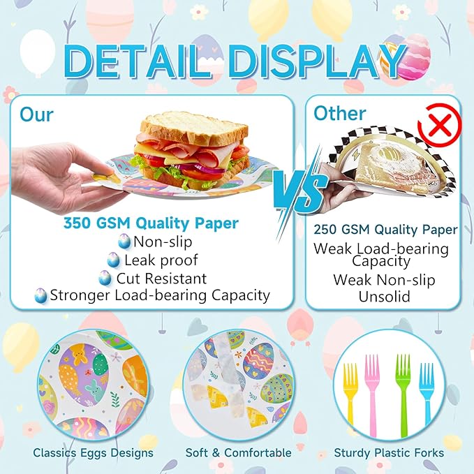 96 Pieces Easter Paper Plates and Napkins Tableware Set, Colorful Eggs Disposable Dinnerware with Plates, Napkins, Forks for Easter Spring Party Supplies-Serves 24