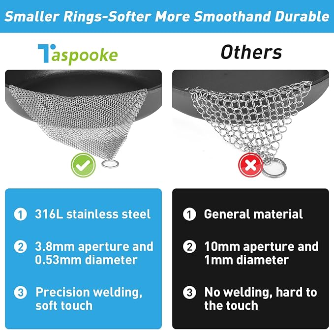 Cast Iron Cleaner and Chainmail Skillet Scrubber - 4''x4'' Upgraded 3.8mm Small Ring, 316L Stainless Steel Fine Rings - Durable Scraper for Skillets, Pans, Griddles & Containers