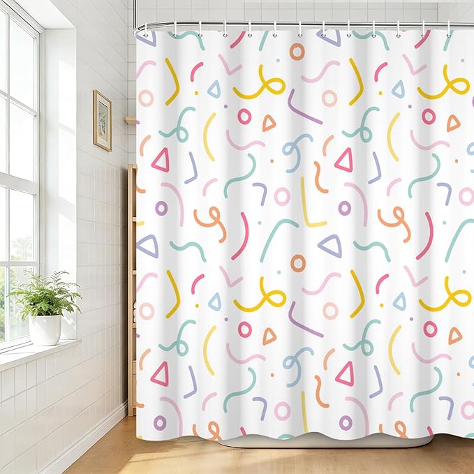 Cute Colorful Doodle Shower Curtains Playful Confetti Shower Curtain Decorative for Bathroom Pastel Waterproof Fabric Bathroom Decorations with Hooks 84x72 Inches