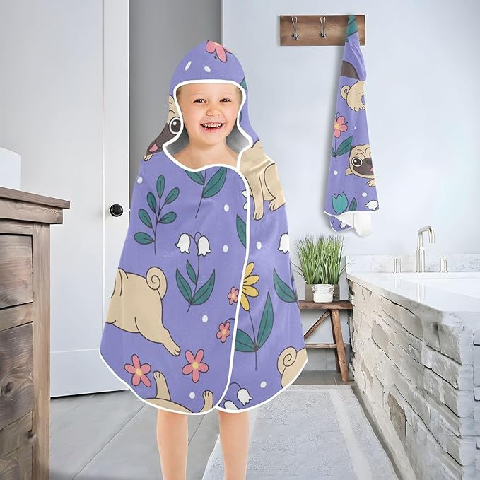 SUABO Kids' Bath Towels Pugs and Flowers Hooded Towels for Boys Girls,Toddler Towels Multi-Purpose for Beach,Pool and Bathroom,23.5" x 50", Soft and Highly Absorbent