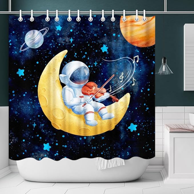 Outer Space Shower Curtain Astronaut Play Guitar Violin Flute Bath Curtain Funny Universe Musician Theme Bathroom Curtain for Kids Boys Bathroom Accessory with Hooks 72x72inch