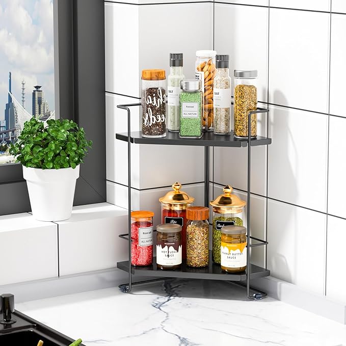 BOIVSHI Bathroom Organizer Countertop, 2-Tier Bathroom Organizers and Storage for Bathroom Countertop, Kitchen Counter, Corner Storage Shelf for Storage, Skincare, Perfume, Makeup (Black)