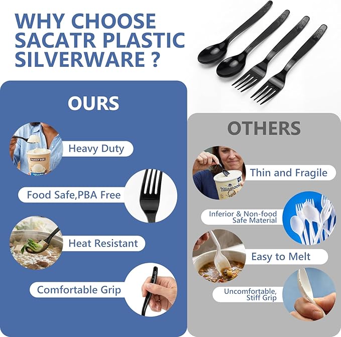 SACATR 1000 Count Black Plastic Forks Heavy Duty, Disposable Bulk Forks, BPA-Free Heat Resistant Cutlery for Restaurant Catering Party Events