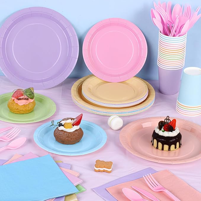 Kochorie 169 Pieces Pastel Party Supplies Disposable Dinnerware Set Include Plates and Cups Napkins Plastic Forks Knives Spoons Tablecloth for Wedding Birthday Party Decorations, Serve 24 Guests