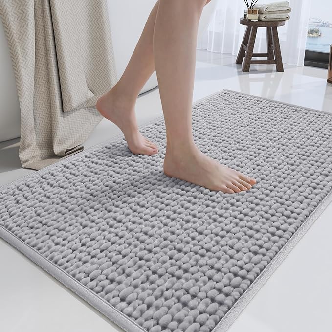 Bathroom Rugs Mat 16x24, Extra Soft Absorbent Chenille Bath Rug, Non Slip PVC Backing Washable Quick Dry Bath Mats for Bathroom Fit Under Door, Tub, Shower, Sink, Home Decor Accessories, Grey