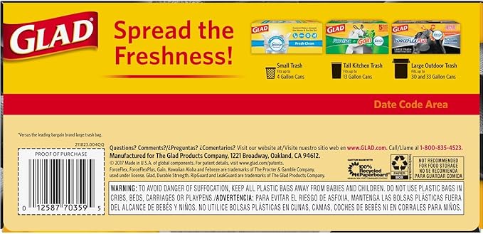 Glad Trash Bags, Large Drawstring Garbage Bags‚ ForceFlexPlus 30 Gallon Black Trash Bag - 25 Count Each (Pack of 6)