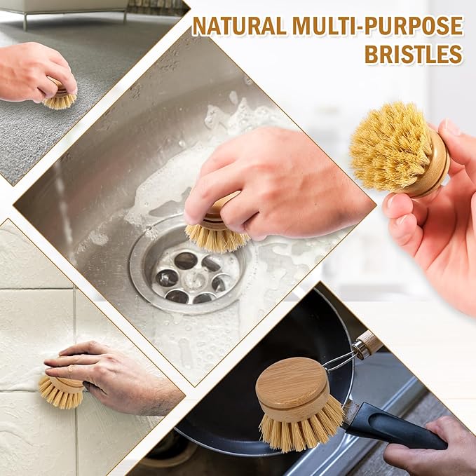 Bamboo Dish Brush, 6 Replacement Heads, Natural Washing Up Brushes Heads, Dish Scrub Brush Replacement Brush Refill, Soft Sisal Bristle Dish Scrubber, Brush for Kitchen Cleaning Pots Pans