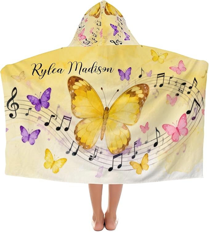 Yellow Butterfly Music Personalized Hooded Towel Absorbent Wrap Soft Pool Beach Bath Towels Hood Poncho for 5-12 Years Kids Boys Girls