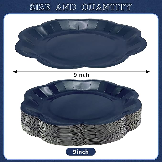 Navy Blue Plates Party Supplies,9 inch Blue Paper Plates Disposable Scalloped for Birthday Cake Plate Baby Shower Dinner Wedding Dessert Party