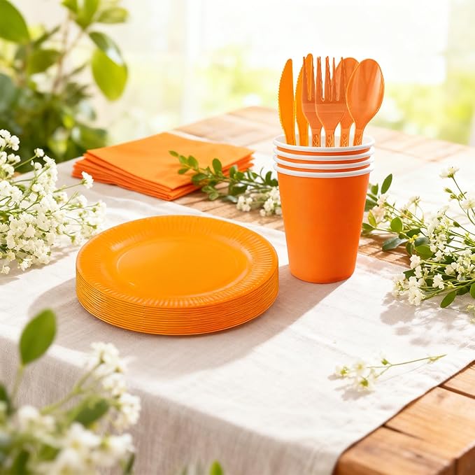 210pcs Orange plates and napkins party supplies - Plastic Silverware Cutlery, Paper Cups and Plates, Napkins Suitable for parties and birthdays Serves 30 (Orange)