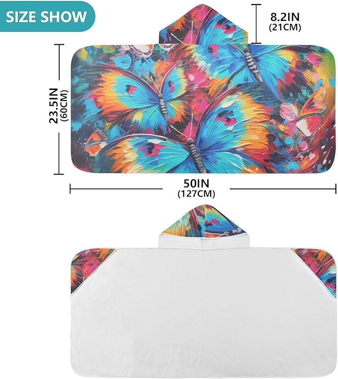 Hooded Towel for Kids Bright Color Butterflies Painting Beach Wrap Bath Towels 50x23.5in