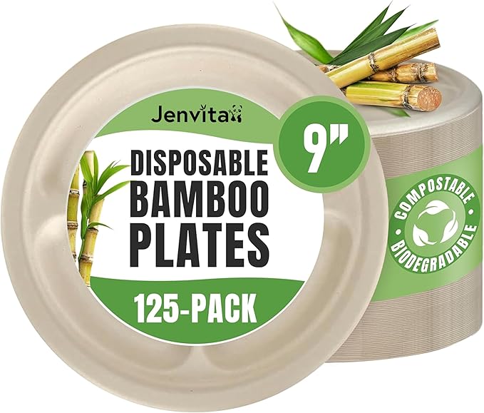 Jenvita Bamboo Paper Disposable Plates with Compartment (125-Pack, 9-inch) - Sturdy & Microwave Safe | Disposable Sectioned Plates | PFAS Free, Biodegradable | FSC Certified Alternative to Plastic