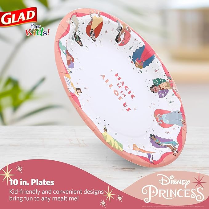 Glad for Kids Disney Princess Disposable Paper Plates, Magic is in All of Us - Heavy Duty, Soak Proof, Microwavable, Kid-Friendly Snack Plates for Everyday Use, 10 Inch, 20 Count - 10 Pack