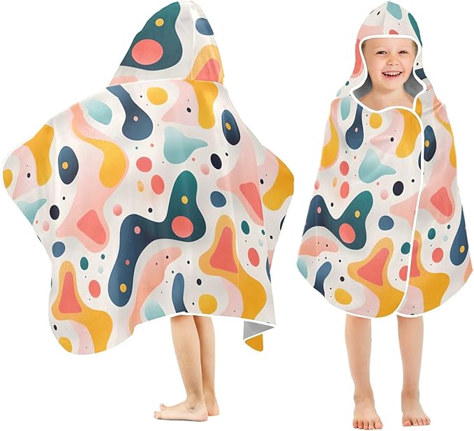 Hooded Towel for Kids Hand Drawn Colorful Various Organic Shapes Beach Wrap Bath Towels 50x23.5in