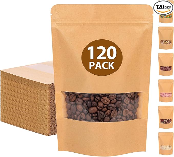 Moretoes 120pcs 5.9x8.6 Inches Kraft Paper Resealable Bags for Small Business, Kraft Bags with Window, Brown Ziplock Coffee Pouches for Home or Business