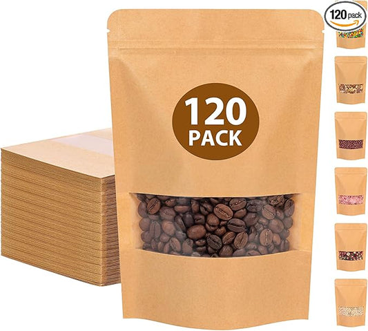Moretoes 120pcs 5.9x8.6 Inches Kraft Paper Resealable Bags for Small Business, Kraft Bags with Window, Brown Ziplock Coffee Pouches for Home or Business
