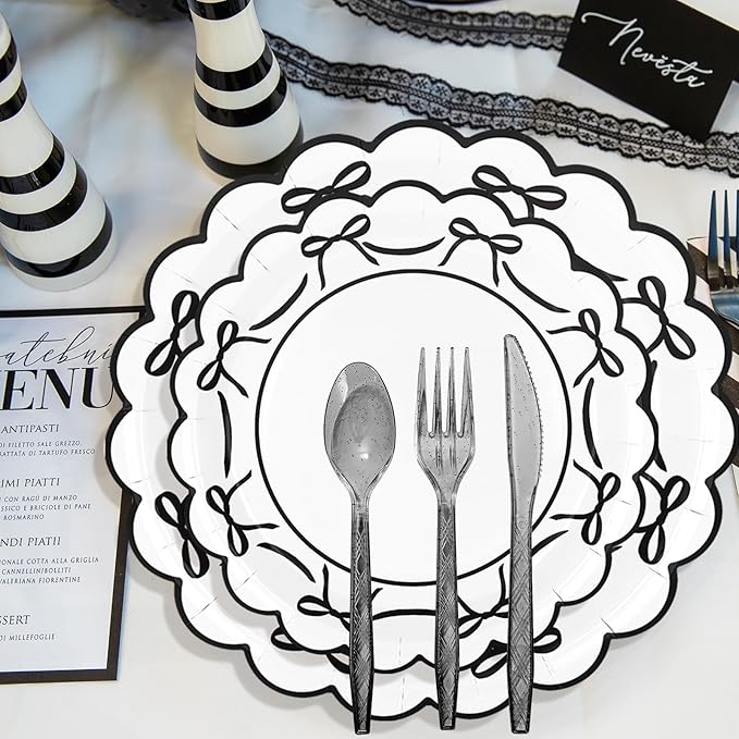JarThenaAMCS 175 Pcs Black Bow Party Supplies Kit Scalloped Bowknot Tableware Set Disposable Dinnerware Paper Napkin Plate Cup Spoon Fork Knife for 25 Guests Party Favor