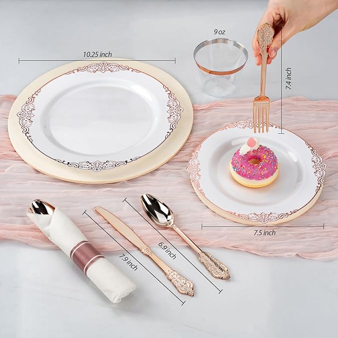 Bestluck 350PCS Rose Gold Plastic Plates for 50 Guests, Disposable Dinnerware Sets Include 100 Rose Gold Rim Plastic Plates, 50 Silverware and Cups, 50 Pre Rolled Napkins for Party, and Graduation