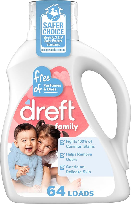 Dreft Family Liquid Laundry Detergent, Unscented Gentle on Sensitive Skin Laundry Soap, 84 fl oz, 64 Loads (Packaging May Vary)