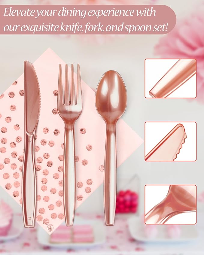 224 Pieces Party Supplies, Pink and Rose Gold Dots Party Plates Cups and Napkins Sets with Plastic Knives forks spoons, Disposable Tableware Serves 32 Sets for Wedding, Birthday, Graduation, Festivals