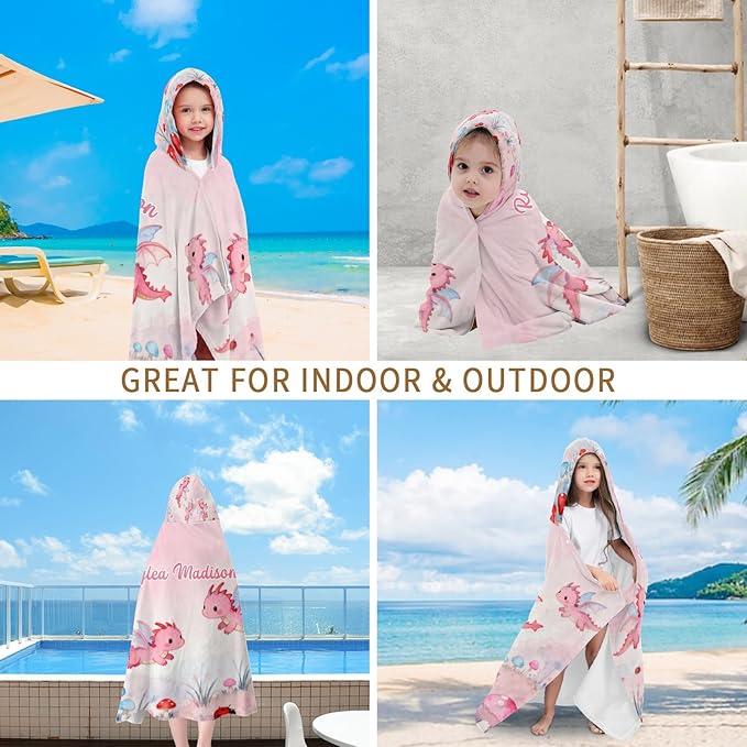 Pink Dragon Mushroom Personalized Hooded Towel Absorbent Wrap Soft Pool Beach Bath Towels Hood Poncho for 5-12 Years Kids Boys Girls