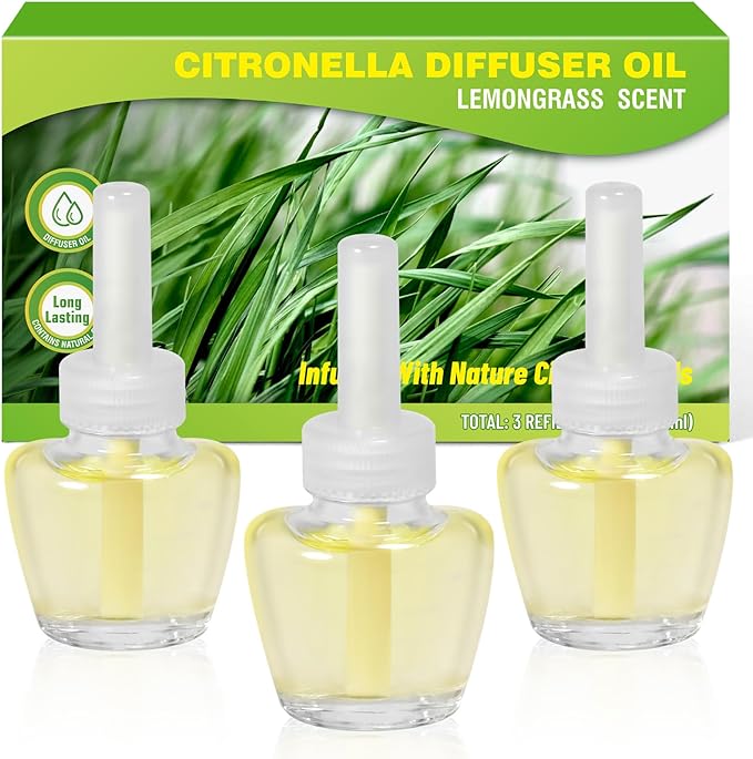 Citronella Plug in Air Freshener Refills, Lemongrass Fragrance, Scented and Essential Oils for Home and Bathroom, Indoor Outdoor, 3 Count, Compatible with Air Wick, Compatible with Glade