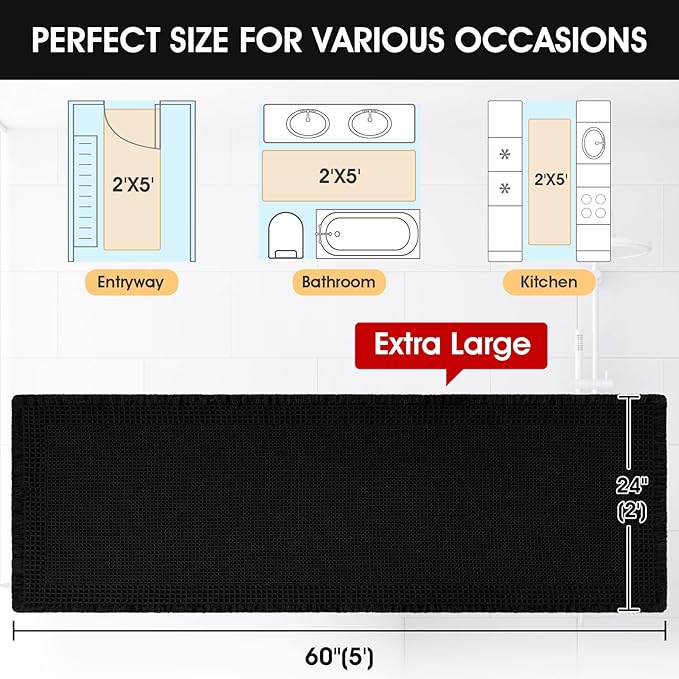 Extra Large Waffle Bath Mat, 5'x2' Black-Bordered, Super Absorbent Non-Slip Quick Dry Bathroom Rugs with Tassels, Machine Washable Ultra Soft Boho Bath Rugs for Floor, Toilet Mats Boho Farmhouse Decor