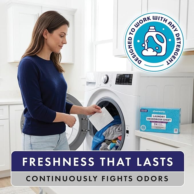 SilverWorks! Deodorizer Laundry Odor Eliminator For Clothes - Natural Silver Ion Infused Washer Sheets - Laundry Deodorizer Odor Eliminator - Lasting Laundry Odor Remover Dryer Deodorizer –24 Loads