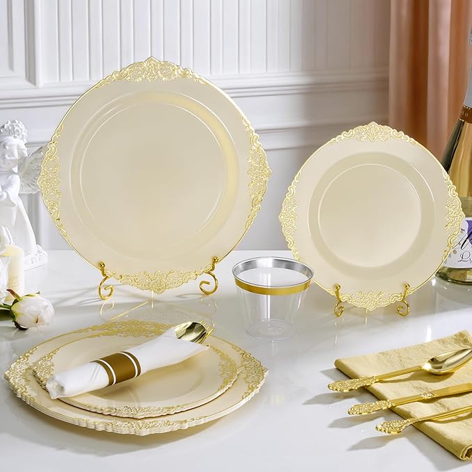 Bestluck 350PCS Ivory Plastic Plates for 50 Guests, Disposable Dinnerware Sets Include 100 Gold Rim Plastic Plates, 50 Silverwares, 50 Cups, and 50 Pre Rolled Napkins for Party, Wedding, Graduation