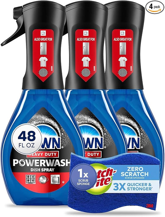D-wn Powerwash Heavy Duty Dish Spray All-Purpose Cleaner and Degreaser, 48 oz, 3-Pack + ScotcBrite Zero Scratch Scrub Spong