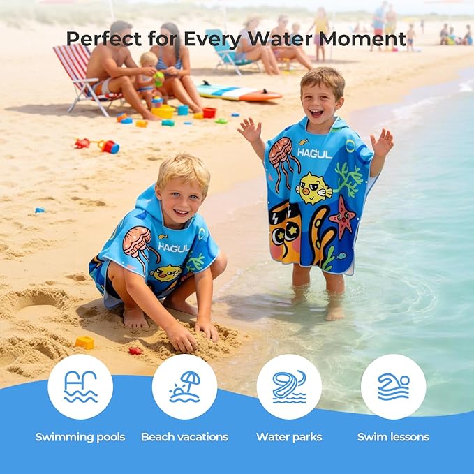 Kids Hooded Beach Poncho, 66×70cm, Soft & Quick-Dry with Fun Ocean Prints, Lightweight Swim Towel for Pool, Beach & Water Park (Ages5–9) (Blue, Small)