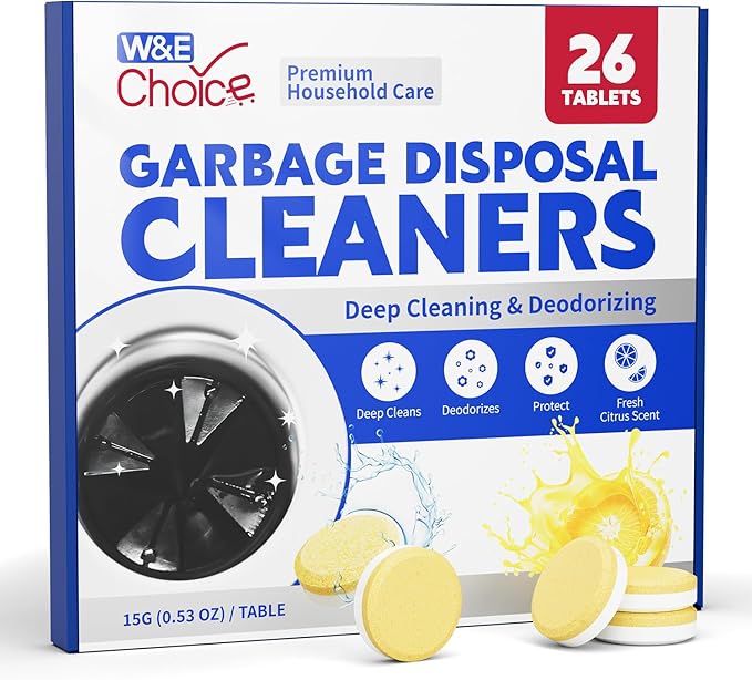 W&E Choice Garbage Disposal Cleaner and Deodorizer Tablets - 26 Pack, Powerful XXL Foaming Tablets, Citrus Scent Sink Cleaner and Deodorizer, Septic Safe Kitchen Drain Care, 1-Year Supply