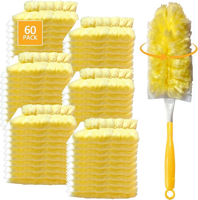 60 Pack Duster Refills Kit Disposable for Swiffer Duster Handle,360° Deep Cleaner Heavy Duty Replacement with 1 Handle,for Home, Blinds, Car, Pet, Furniture, Fans(Yellow)