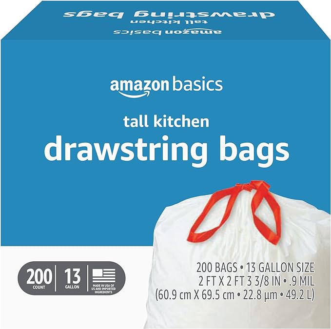 Amazon Basics Tall Kitchen Drawstring Trash Bags, Sturdy, 13 Gallon, Unscented, 200 Count