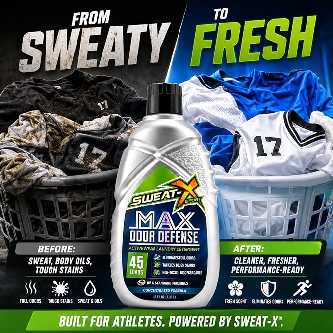 SWEAT X Max Odor Defense Laundry Detergent Liquid - Natural Washing Detergent for Activewear & Gym Clothes - Laundry Detergent for Sensitive Skin - Concentrated Detergent, 45 Loads (1 Bottle)