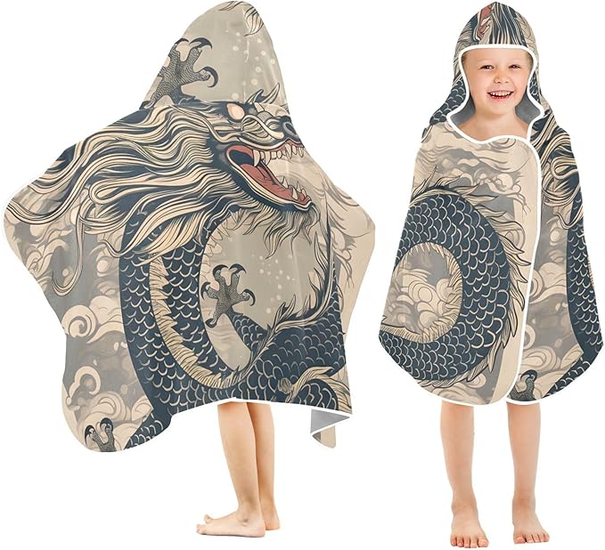 SUABO Kids' Bath Towels Chinese Dragon Painting Hooded Towels for Boys Girls,Toddler Towels Multi-Purpose for Beach,Pool and Bathroom,23.5" x 50", Soft and Highly Absorbent