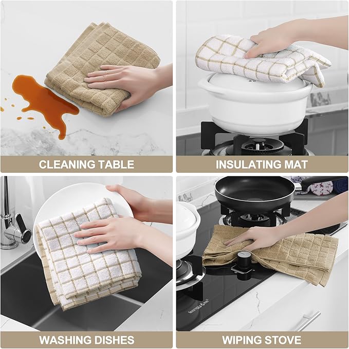 Homaxy Premium Cotton Kitchen Towels 16"x 28", Large Natural Ring Spun 390 GSM Dish Towels, Super Absorbent Terry Kitchen Hand Towels, Soft Tea Towels with Hanging Loop, Tan Check Design, 4 Pack