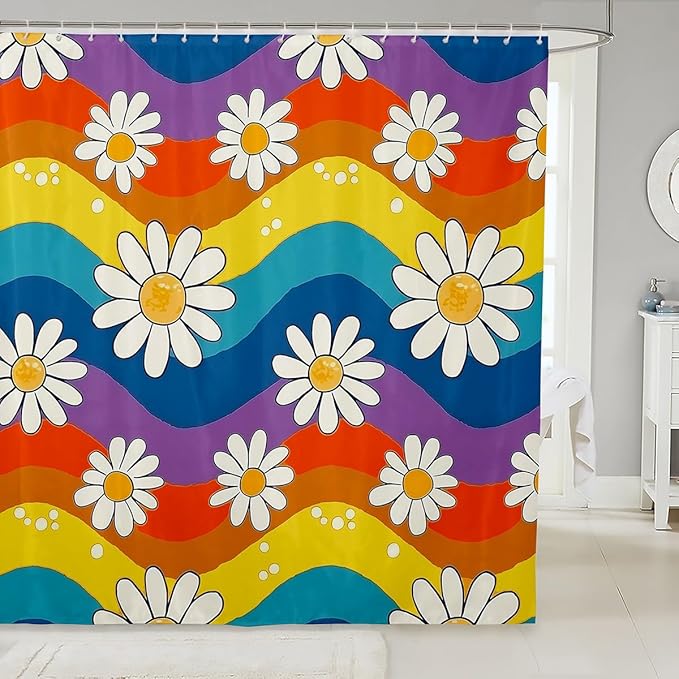 70S Groovy Flower Bathroom Curtain 72"Wx78"L,Boho Rainbow Floral Bath Curtain for Kids Boys Girls,Hippie Flowers Bohemian Daisy Shower Curtain Retro Funky Decor Bathroom Decor Set 2000S Home Decor