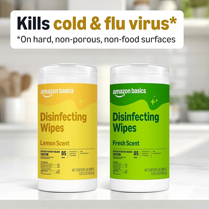 Amazon Basics Disinfecting Wipes, Lemon & Fresh Scent, Sanitizes, Cleans, Disinfects, Deodorizes, 340 Count (12 Packs of 85), Packaging May Vary