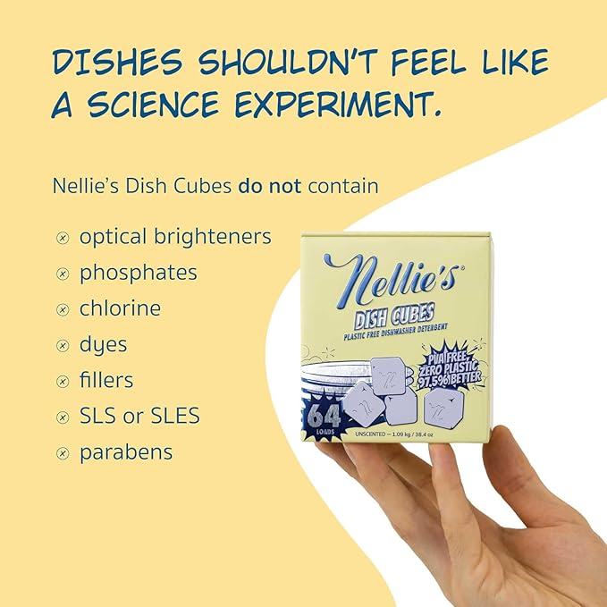 Nellie’s Dish Cubes – 64 Loads Dishwasher Detergent – Concentrated Formula – Plastic-Free Formula (PVA-Free) – Tin Packaging – Powerful Cleaning for Grease & Grime – Made in Canada