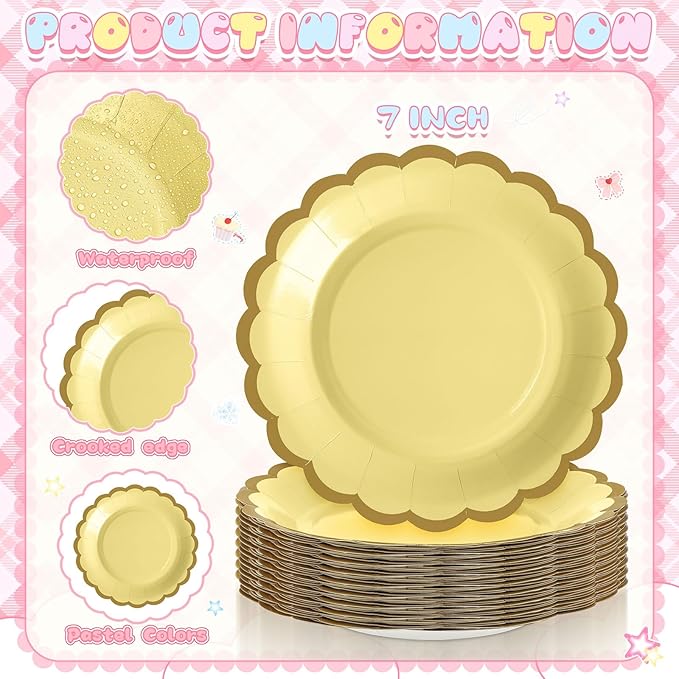 48 Pcs Pastel Paper Plates 7 Inch Easter Scalloped Disposable Dessert Plate for Coquette Bridal Pink Bow Wedding Birthday Baby Shower Party Supplies