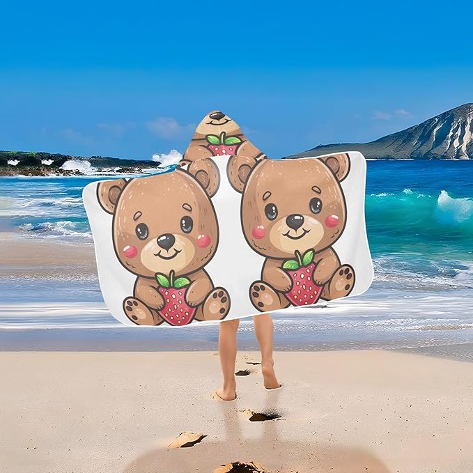 Hooded Towel for Kids Little Bear with Strawberry Beach Wrap Bath Towels 50x23.5in