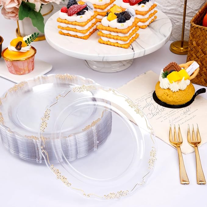 LIYH 200 Pcs Clear Gold Plastic Dessert Plates 7.5"and Cake Forks 5" - Clear Small Cake Plastic Plates and Gold Forks for Parties Wedding Birthday