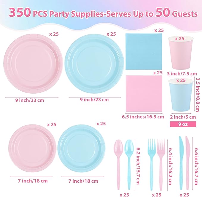 Kochorie 350 Pieces Gender Reveal Dinnerware Set, 7 & 9 inch Light Pink Light Blue Paper Plates Cups Napkins Plastic Cutlery Disposable Party Supplies for Birthday Baby Shower, Serve 50 Guests