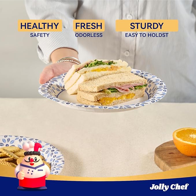 JOLLY CHEF 8.37 inch Paper Plates 280 Count Soak Proof, Cut Proof, Heavy Duty Printed Disposable Plate for Party or Everyday Use