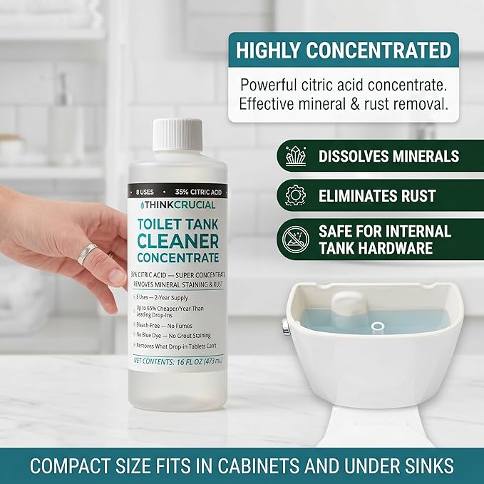 Think Crucial Toilet Tank Cleaner Concentrate — 35% Citric Acid, 8 Uses, Bleach-Free, No Blue Dye, Septic Safe — 16 fl oz