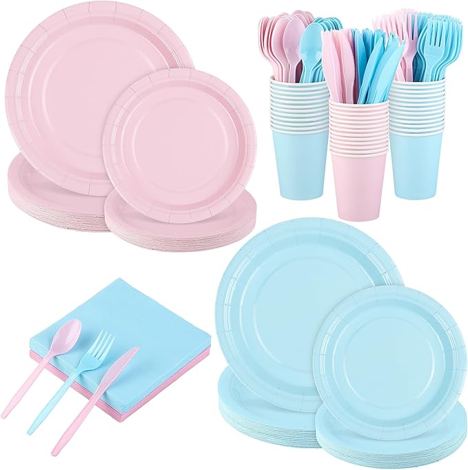 Kochorie 350 Pieces Gender Reveal Dinnerware Set, 7 & 9 inch Light Pink Light Blue Paper Plates Cups Napkins Plastic Cutlery Disposable Party Supplies for Birthday Baby Shower, Serve 50 Guests