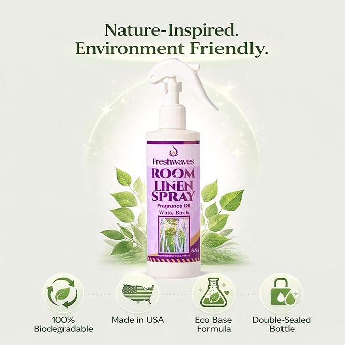 Freshwaves Room & Linen Spray | White Birch Fragrance Oil | 8.8oz Air Freshener | Odor Eliminator for Living Room, Bedroom, Bathroom & Office | White & Purple Bottle