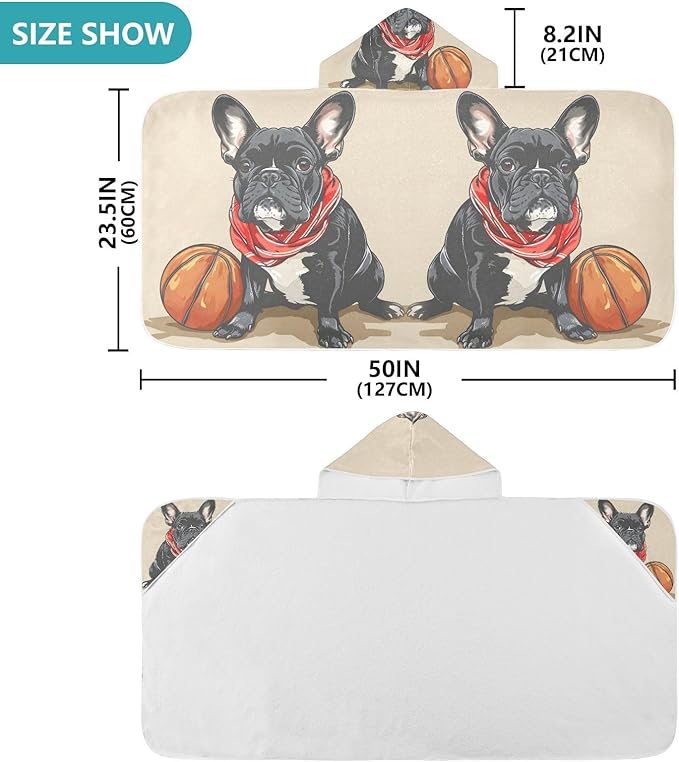 Hooded Towel for Kids Bulldog and Basketball Beach Wrap Bath Towels 50x23.5in
