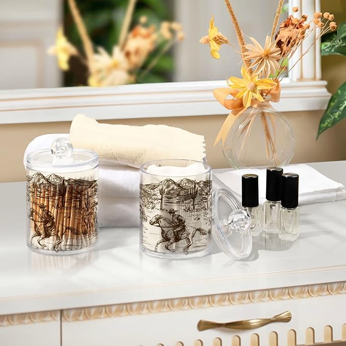 Blueangle 2 Pack Western Desert Cowboy Qtip Holder Dispenser for Cotton Ball, Cotton Swab - Plastic Apothecary Jar Set for Bathroom Canister Storage Organization